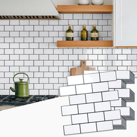 STICKGOO 10-sheet backsplash close-up shows thick white subway tiles for durable kitchen protection