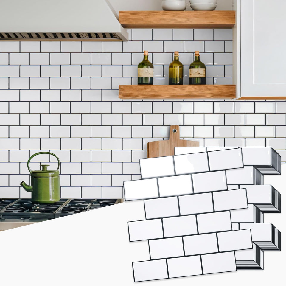 STICKGOO 10-sheet backsplash close-up shows thick white subway tiles for durable kitchen protection