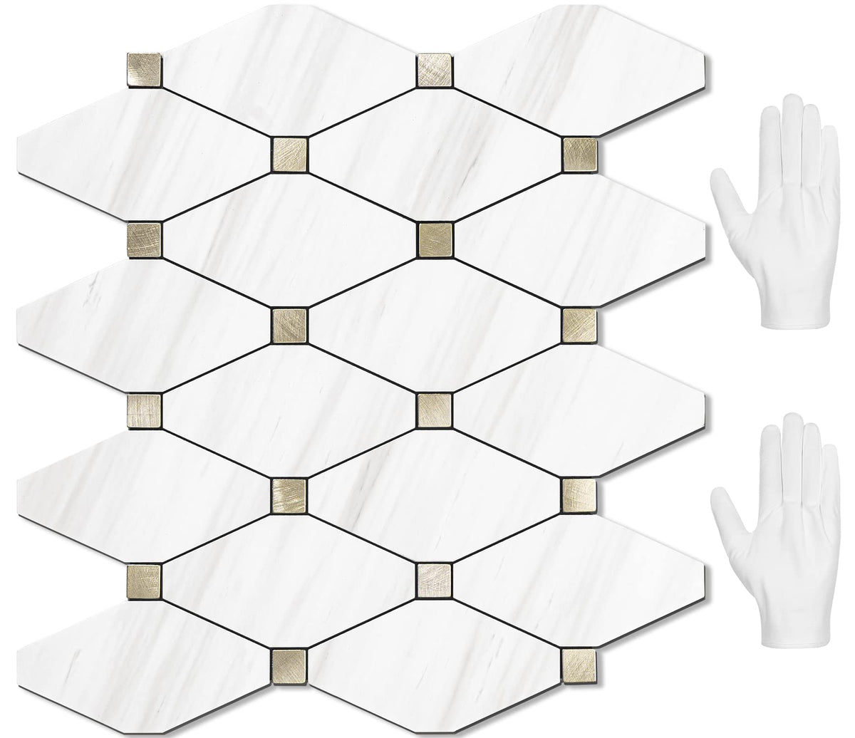 STICKGOO Dolomite mosaic tile with white marble look for a chic kitchen backsplash.