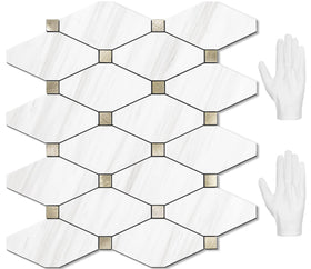 STICKGOO Dolomite mosaic tile with white marble look for a chic kitchen backsplash.