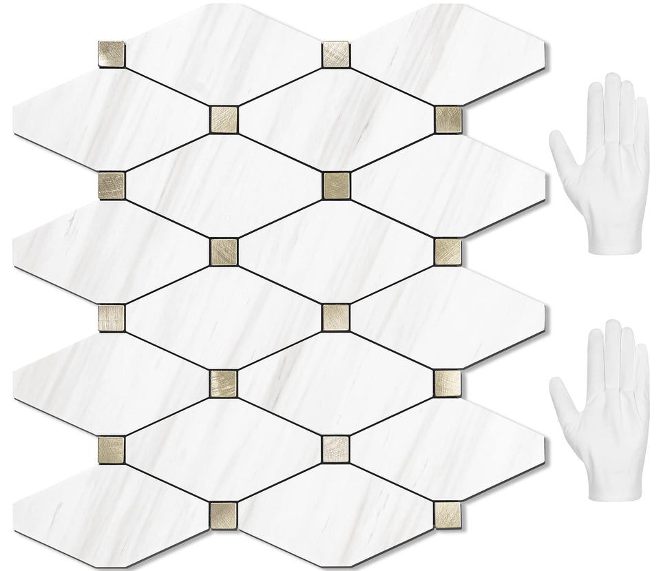 STICKGOO Dolomite mosaic tile with white marble look for a chic kitchen backsplash.