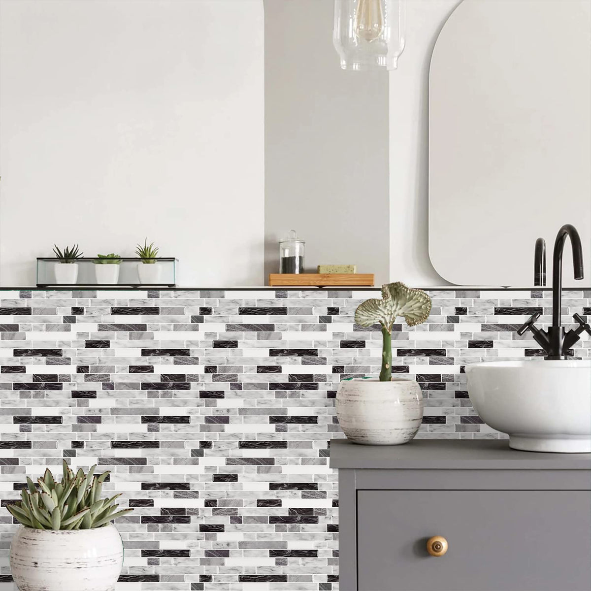 STICKGOO Carrara Grey self-adhesive tiles upgrade your kitchen island wall.