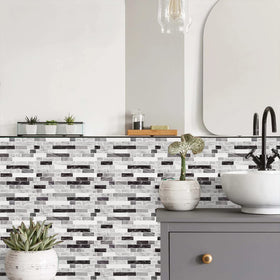 STICKGOO Carrara Grey self-adhesive tiles upgrade your kitchen island wall.