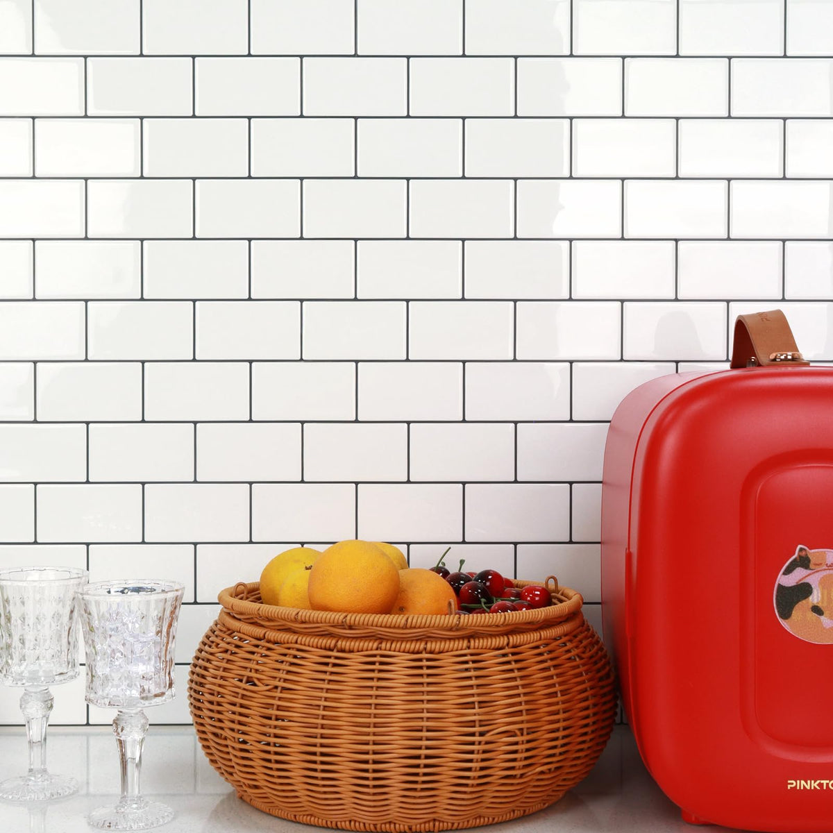 STICKGOO versatile backsplash option suits bathrooms, kitchens, and fireplaces.