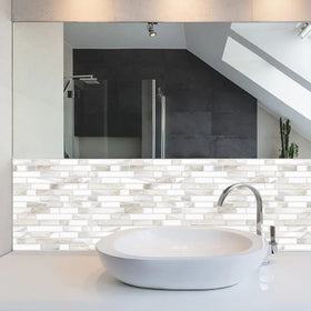 STICKGOO kitchen backsplash tiles in beige and white for quick upgrade.