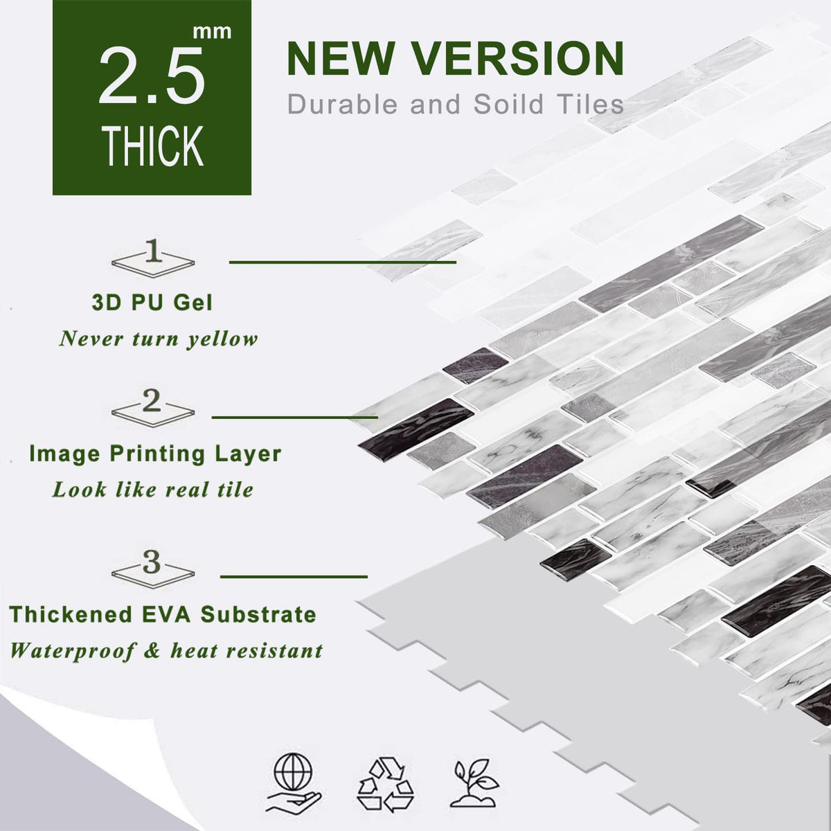 STICKGOO tiles suited for behind stove, bathroom, shower, or fireplace.