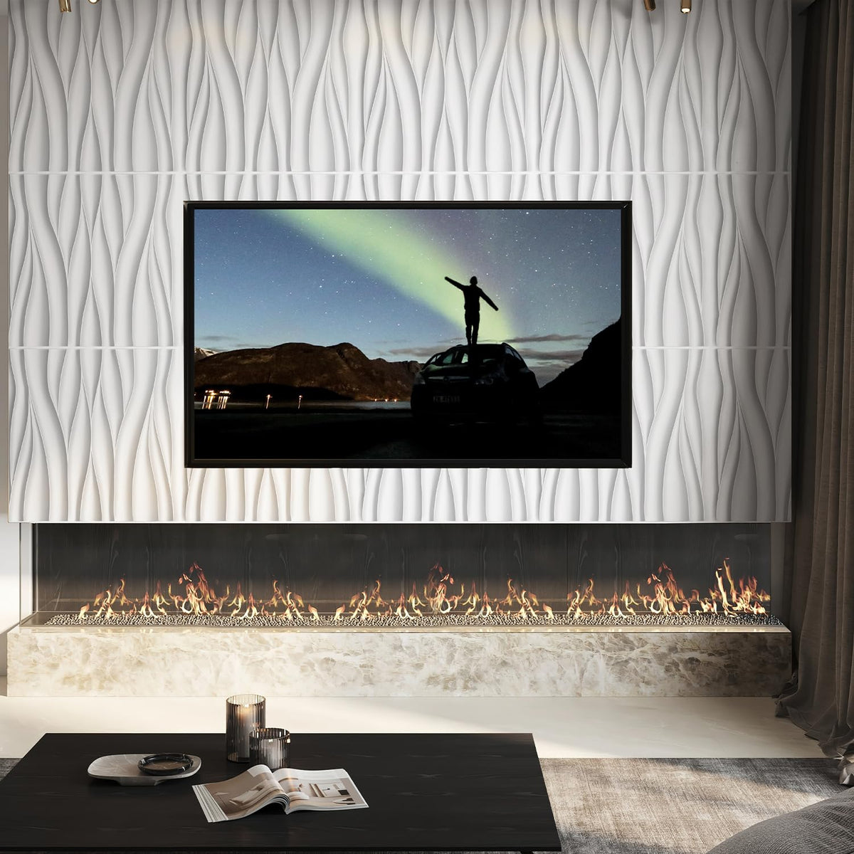 STICKGOO white 3D wall panel backdrop highlights a modern bedroom.
