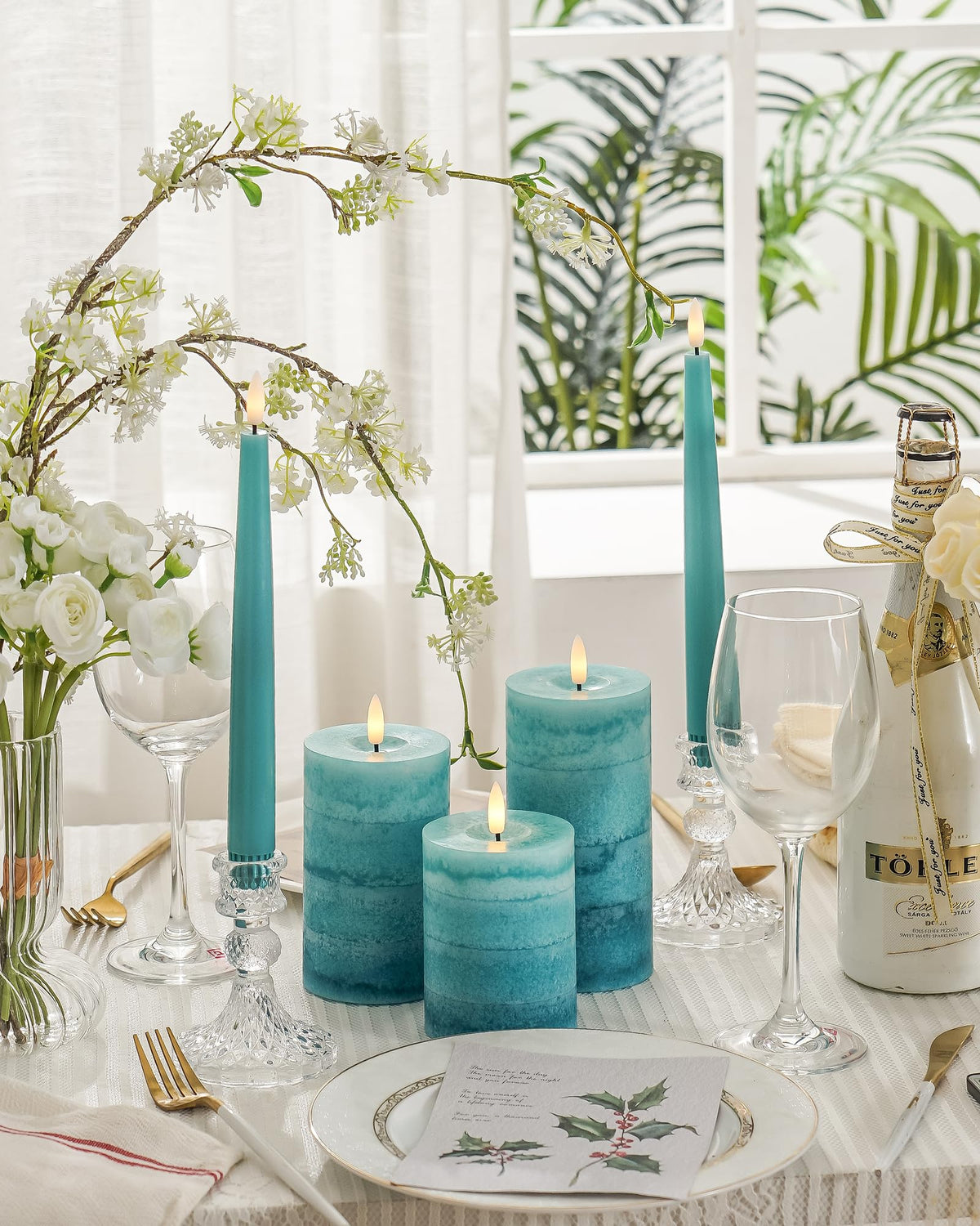 Stmarry battery-operated teal candles, 6-inch height, long-lasting glow