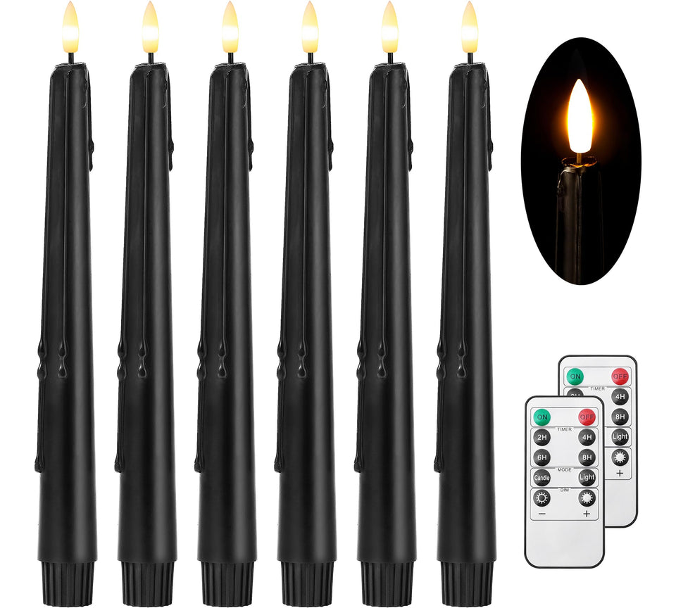Stmarry black taper candles with wax drips create aged Halloween ambiance.