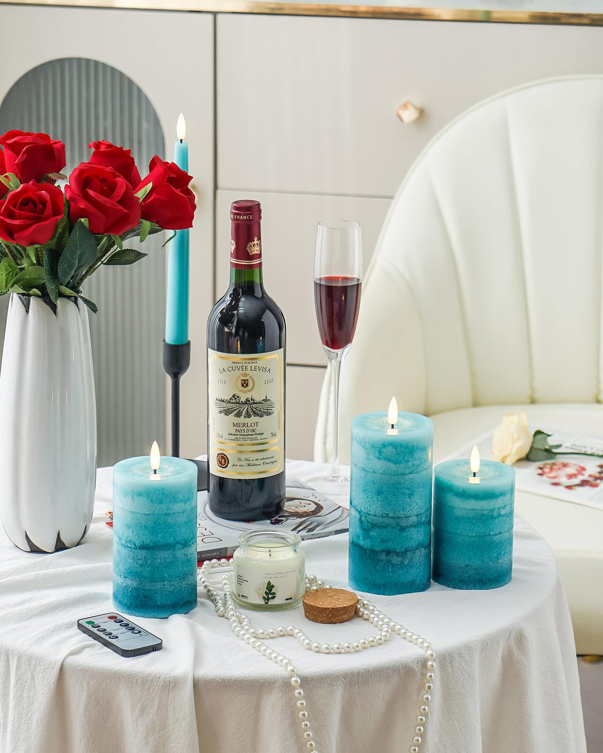 Stmarry teal pillar candle 3D flame close-up with realistic flicker