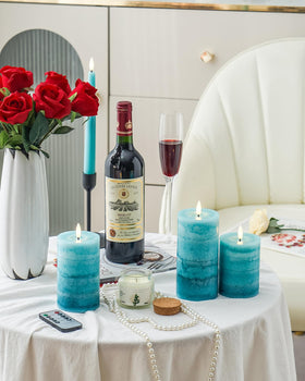 Stmarry teal pillar candle 3D flame close-up with realistic flicker