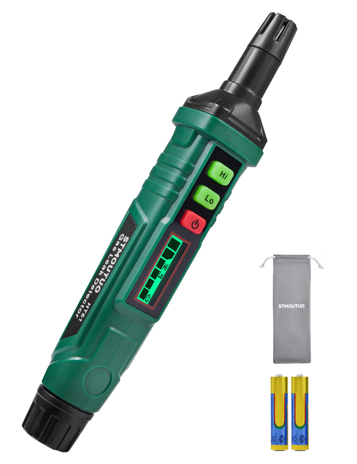 STMOUTUO HT61 gas leak detector with digital display detects propane and methane risks.