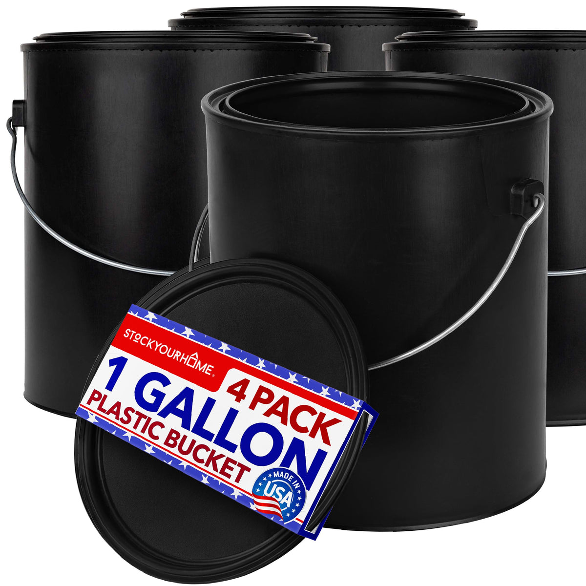 Stock Your Home all-plastic paint can with airtight lid for leak-free storage.