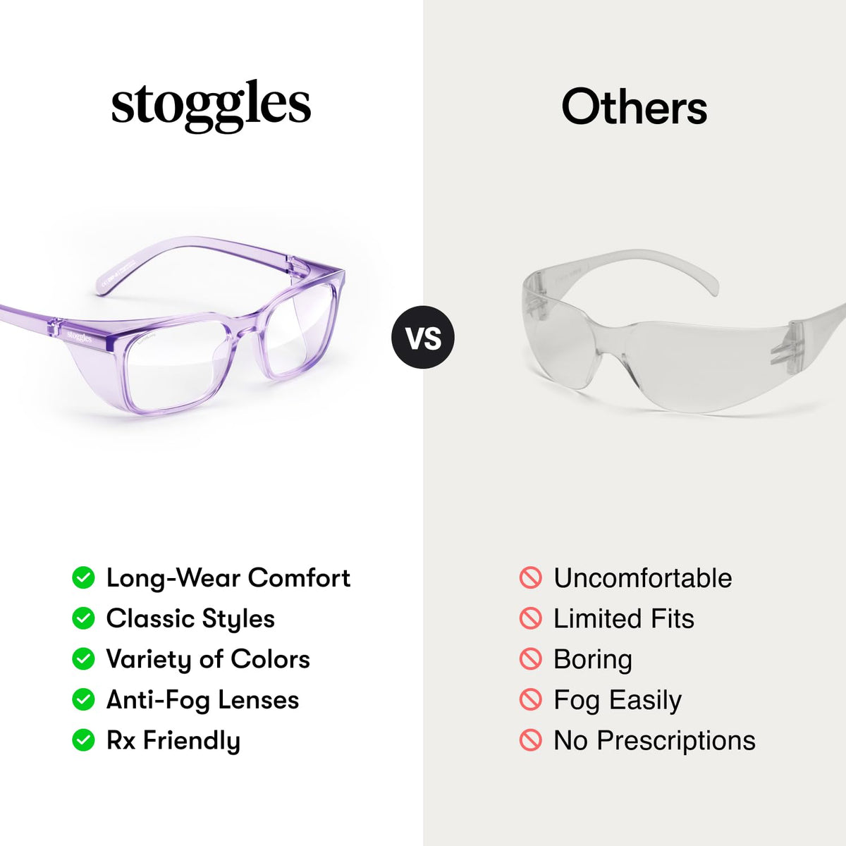 Stoggles Square lightweight polycarbonate frame delivers all-day comfort.