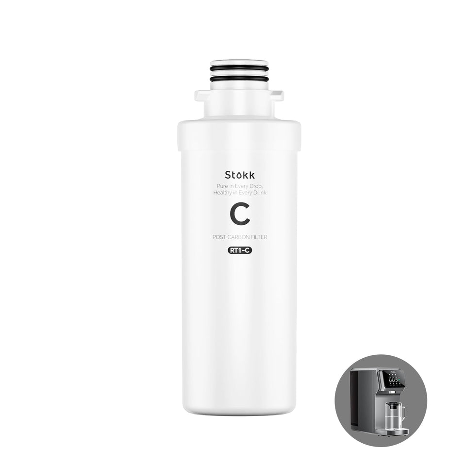 Stokk RT1-C filter packaging shown, ready for T1 countertop RO system to improve taste