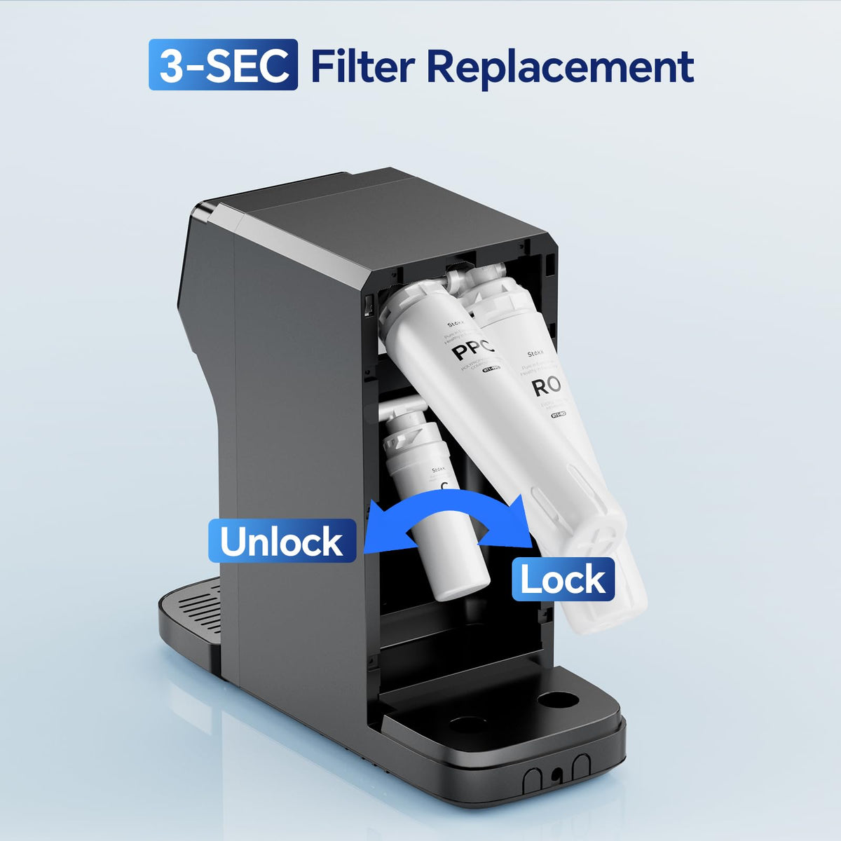 Stokk RT1-C post-carbon stage image emphasizes 0.1 micrometer filtration