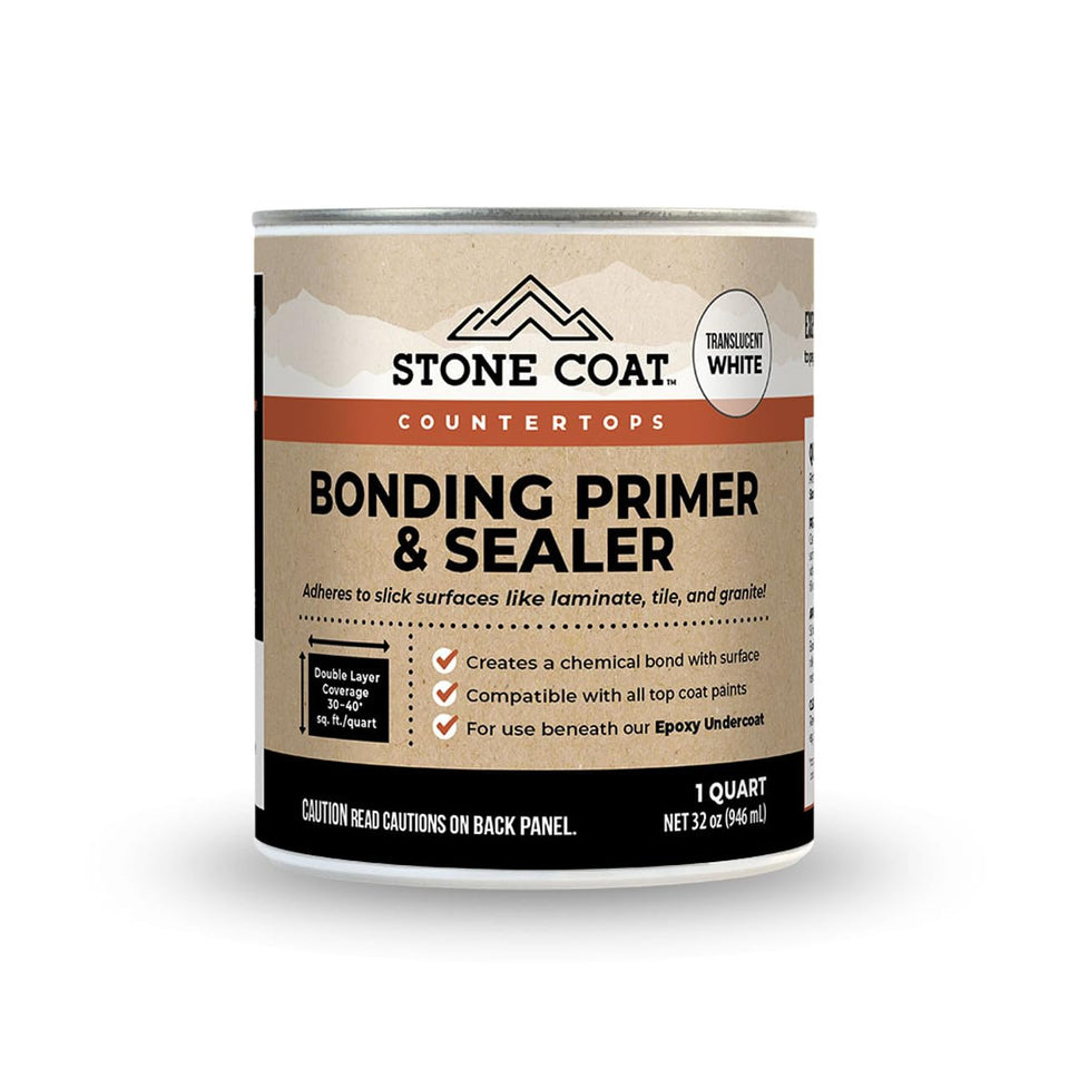 Stone Coat Countertops bonding primer and sealer bottle on slick surface, boosts epoxy adhesion for countertops.