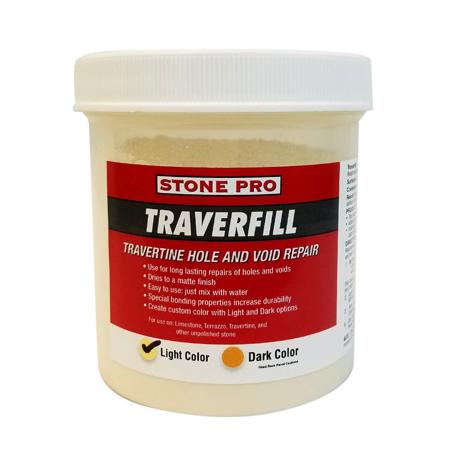 Stone Pro Traverfill repairs travertine holes with a durable matte finish