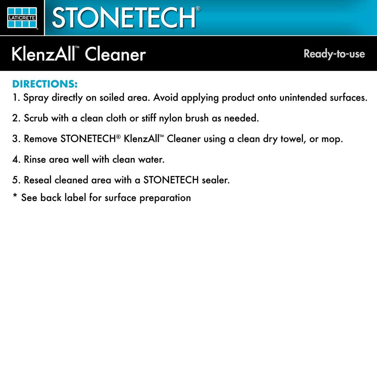 StoneTech KlenzAll bottle label close-up showing product details