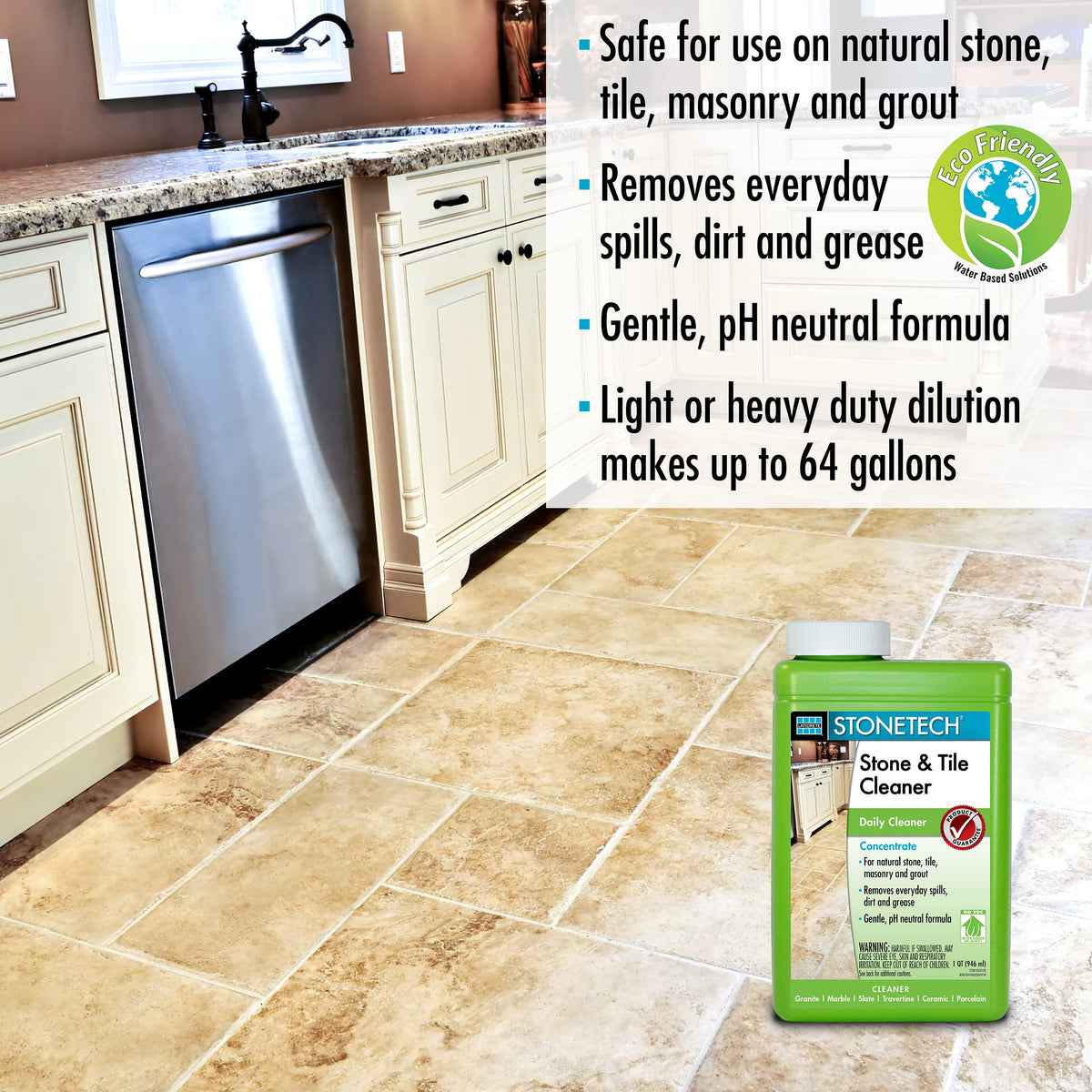 StoneTech Stone and Tile Cleaner label closeup shows clean scent and ready-to-use option.