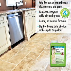 StoneTech Stone and Tile Cleaner label closeup shows clean scent and ready-to-use option.