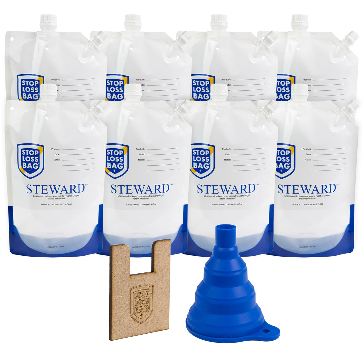StopLossBags 8-pack 1L paint bags for organized storage and reduced waste.