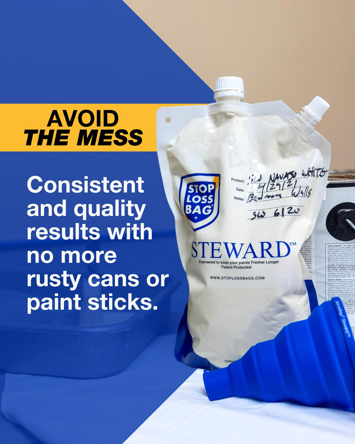 StopLossBags space-saving paint storage keeps workspaces tidy.