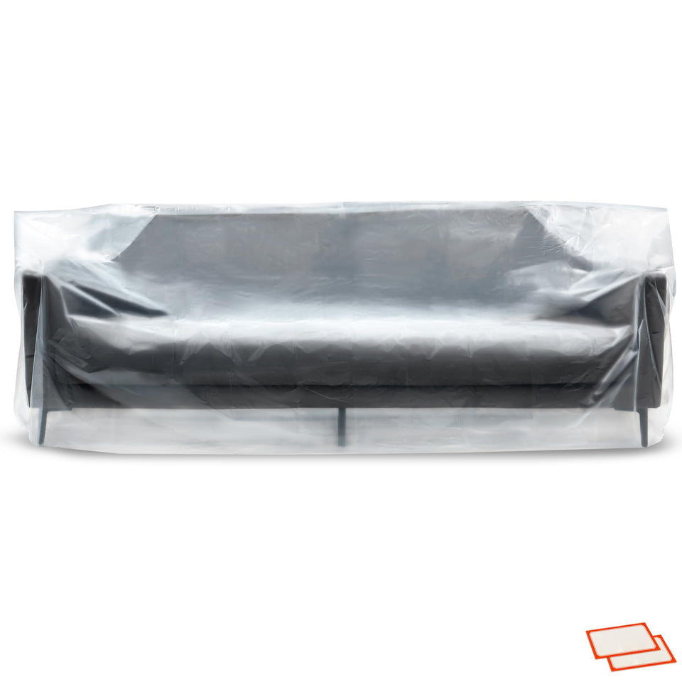Storage Standard couch cover open shows 96x42x62 size for dust-free moving.