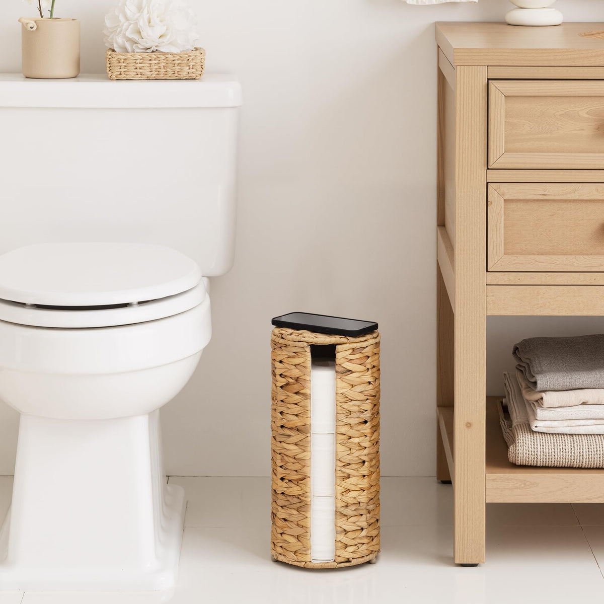 StorageWorks natural solution helps organize bathroom essentials stylishly.