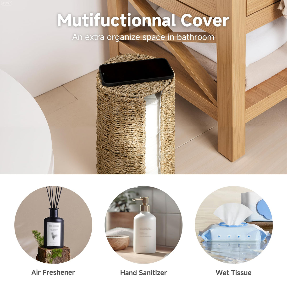 StorageWorks seagrass stand in bathroom corner fits compact spaces.
