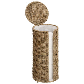 StorageWorks seagrass stand front view highlights natural texture and compact three-roll storage.