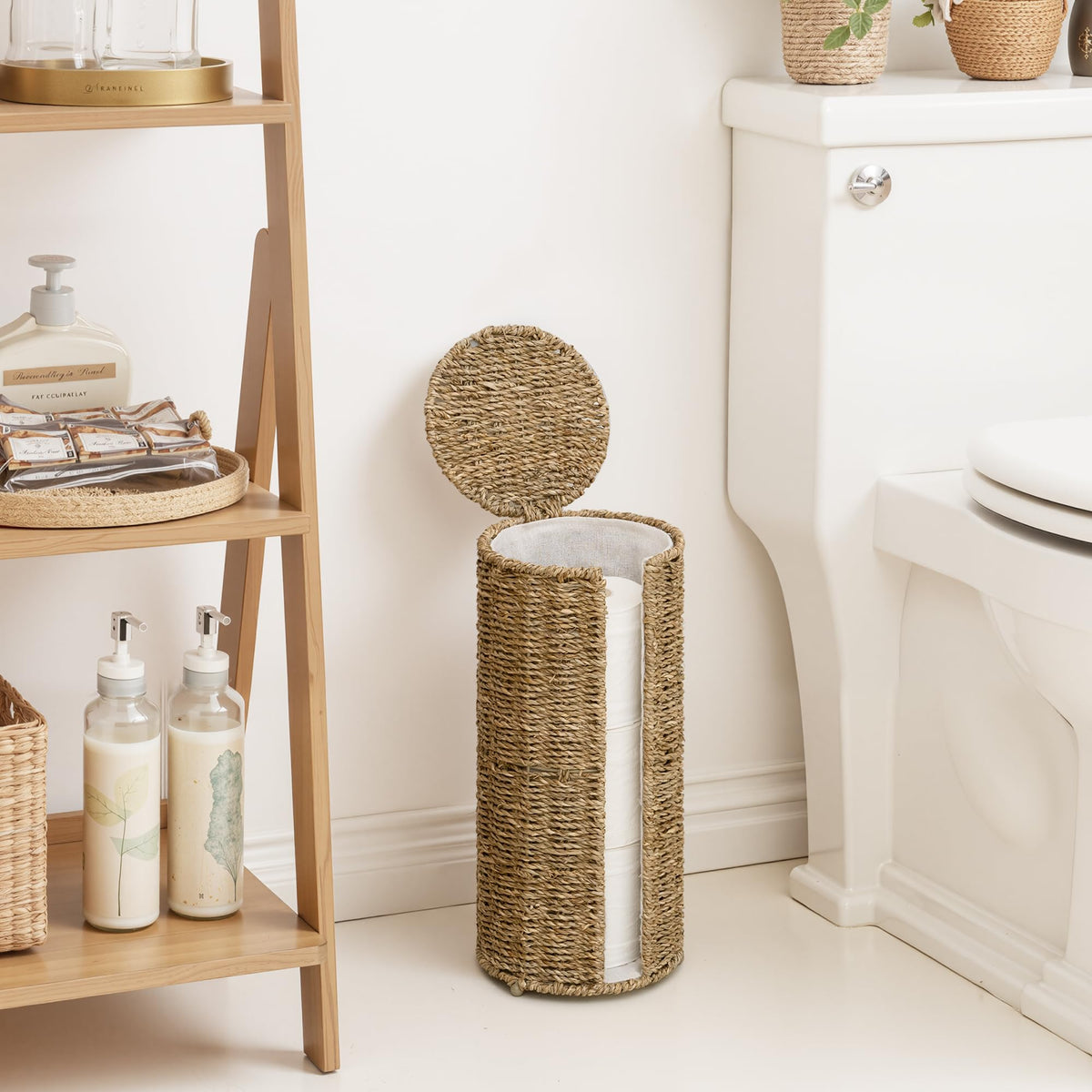StorageWorks seagrass stand lid with phone shelf shows dustproof lid and convenient surface.