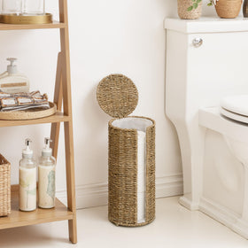 StorageWorks seagrass stand lid with phone shelf shows dustproof lid and convenient surface.