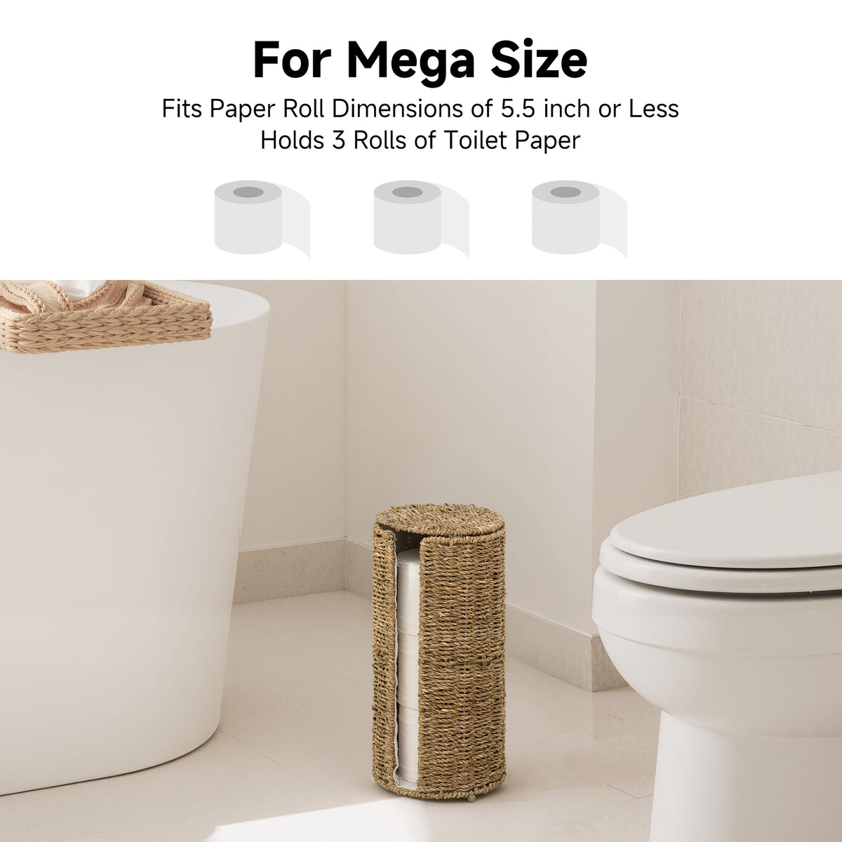 StorageWorks seagrass stand raised base keeps rolls clean and dry.