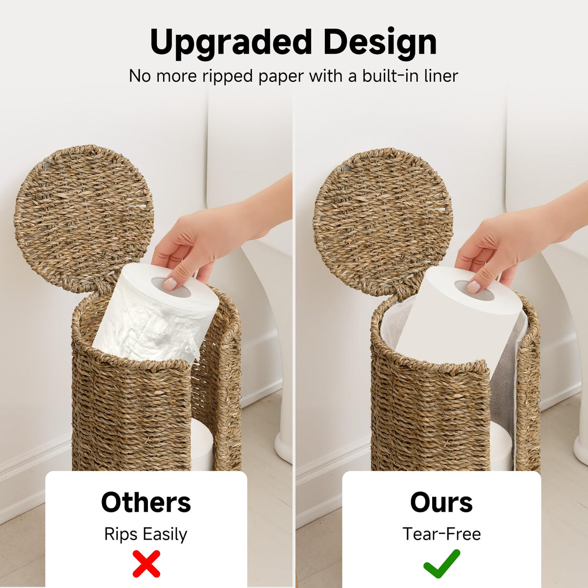 StorageWorks seagrass stand three rolls loaded demonstrates practical bathroom storage.