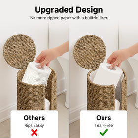 StorageWorks seagrass stand three rolls loaded demonstrates practical bathroom storage.
