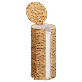 StorageWorks water hyacinth toilet paper stand with lid keeps rolls tidy and dust-free.