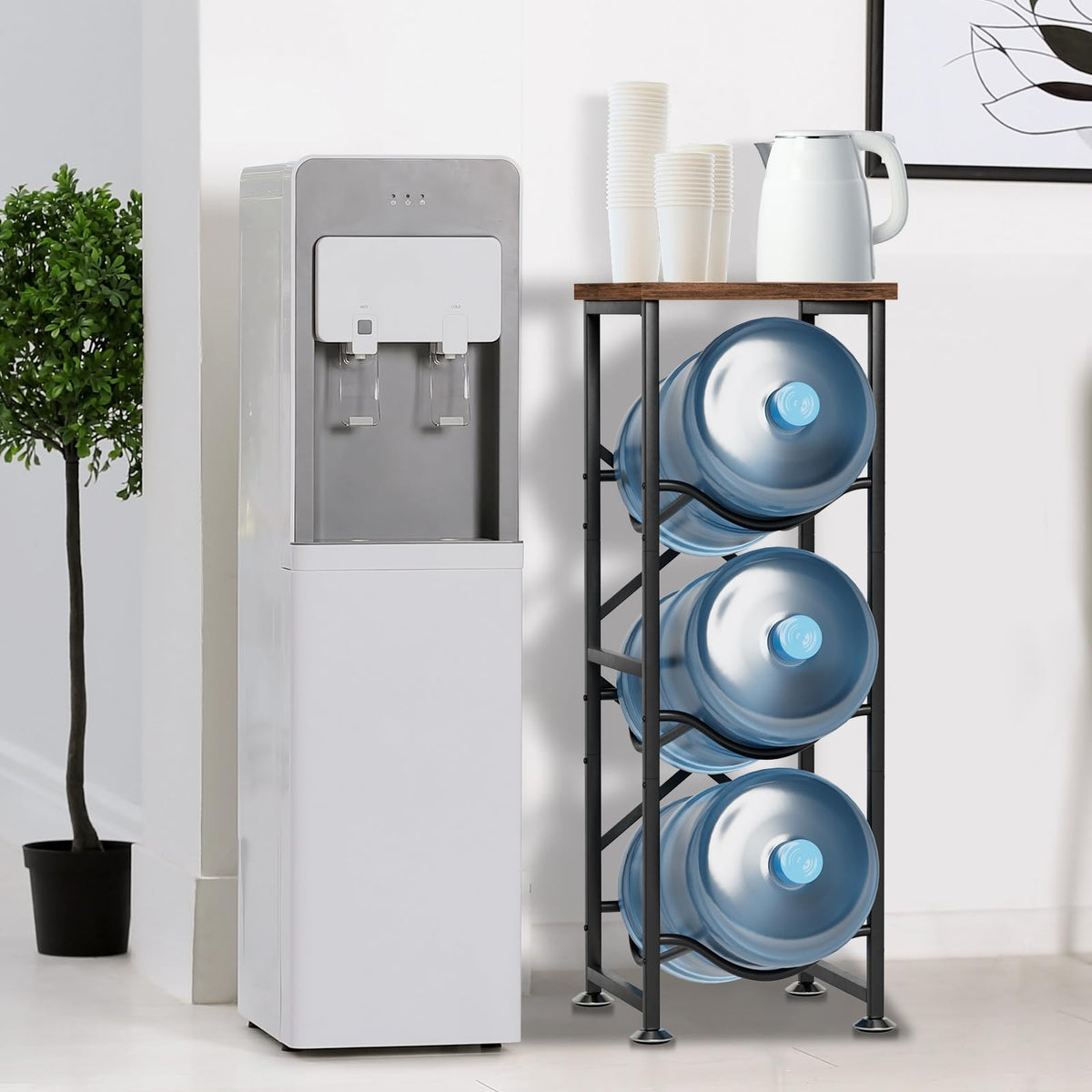 Storenization heavy-duty water jug rack with metal frame supports multiple jugs safely.