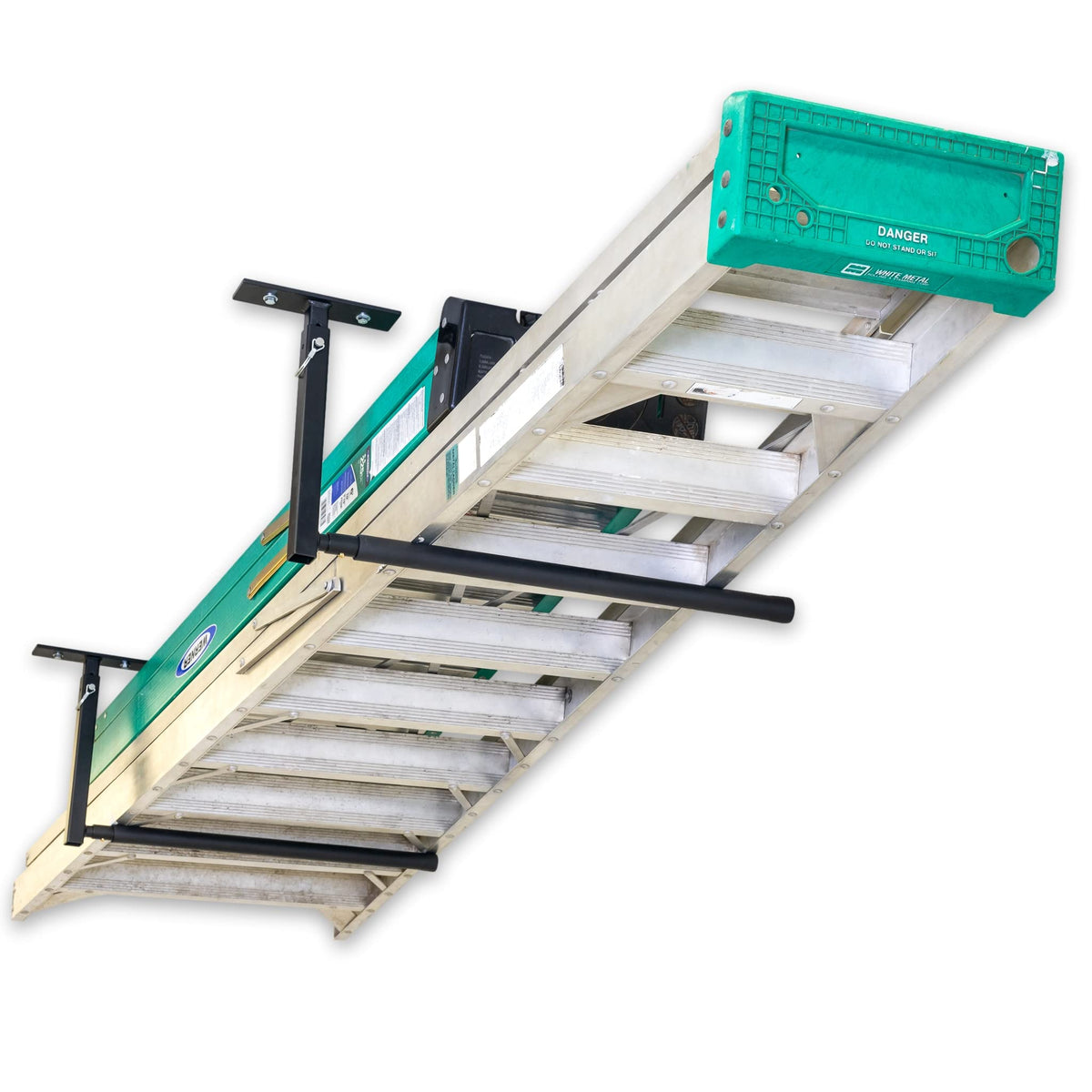 StoreYourBoard adjustable overhead ladder rack in ceiling-mount setup for space-saving garage storage.