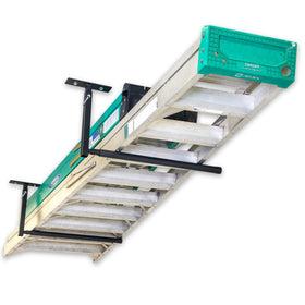 StoreYourBoard adjustable overhead ladder rack in ceiling-mount setup for space-saving garage storage.