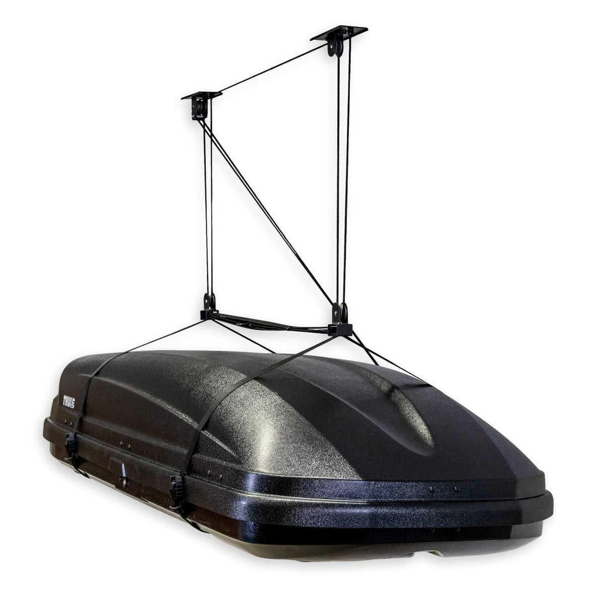 StoreYourBoard cargo box pulley system front view reveals sturdy overhead storage solution.