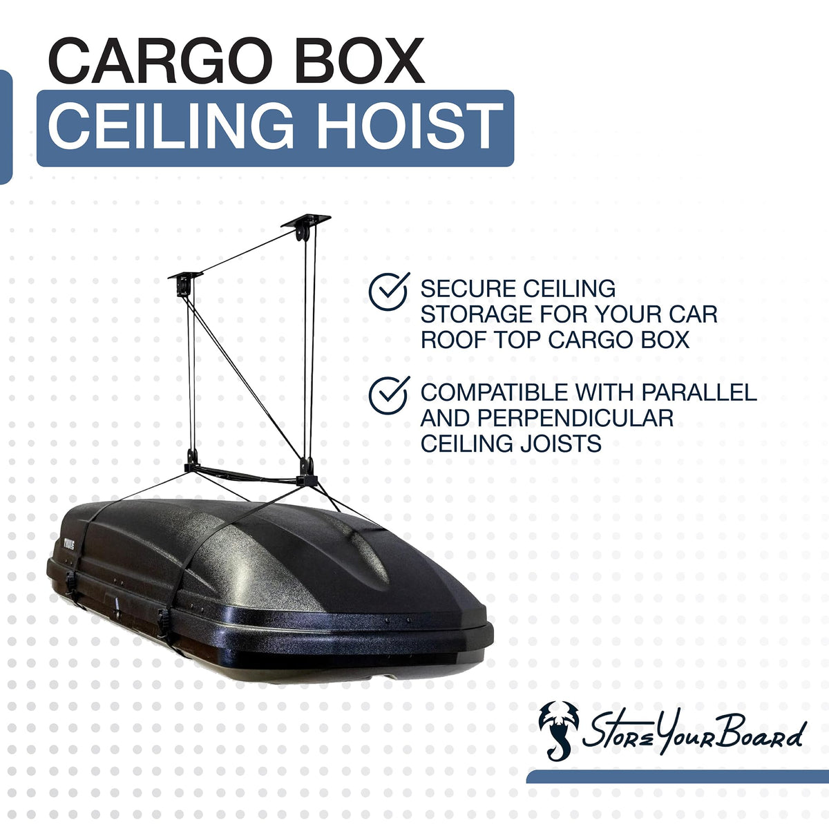 StoreYourBoard cargo box pulley system installation scene highlights versatile joist mounting options.