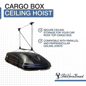 StoreYourBoard cargo box pulley system installation scene highlights versatile joist mounting options.