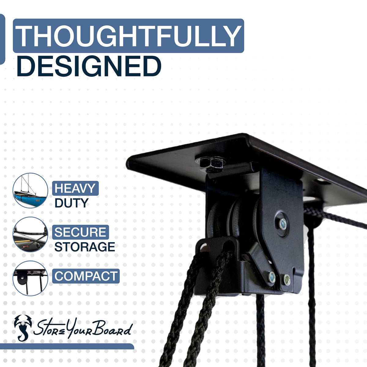 StoreYourBoard cargo box pulley system installation to joist showcases secure mounting.