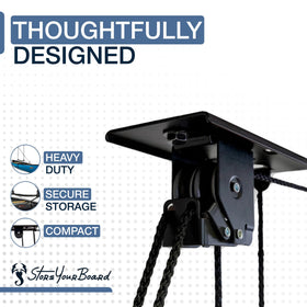 StoreYourBoard cargo box pulley system installation to joist showcases secure mounting.