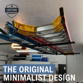 StoreYourBoard ceiling ladder-storage system in action maximizes vertical space in a cluttered garage.