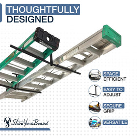 StoreYourBoard easy-install ceiling joists setup transforms overhead space into storage.