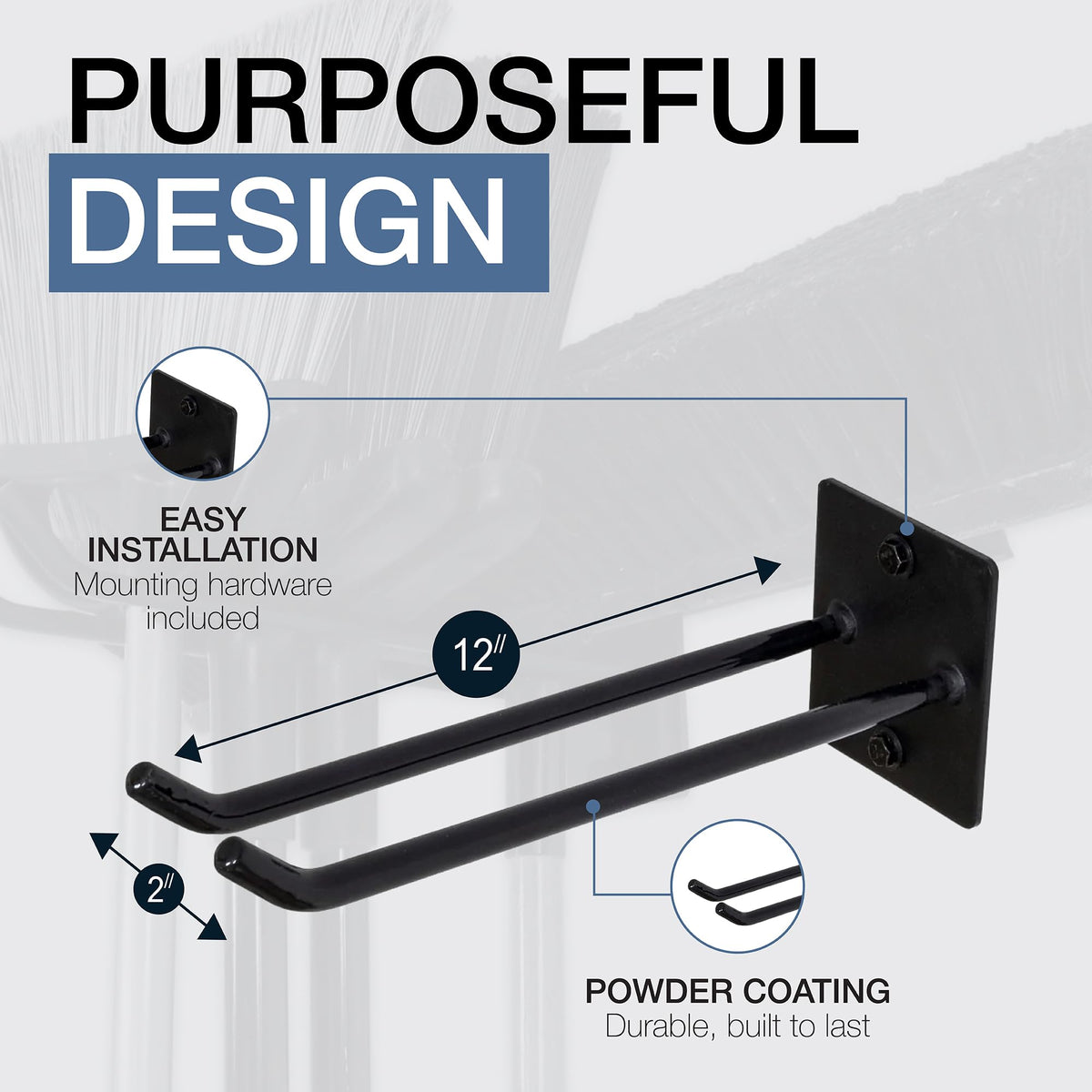 StoreYourBoard durable steel hook stores long-handled tools like rakes and shovels in the garage.