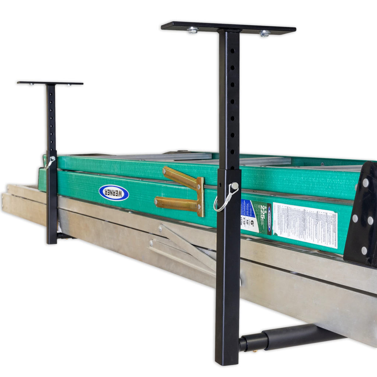 StoreYourBoard garage organization solution keeps ladders off floor for safer, tidier space.