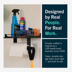 StoreYourBoard garage organization solution helps declutter workspace.